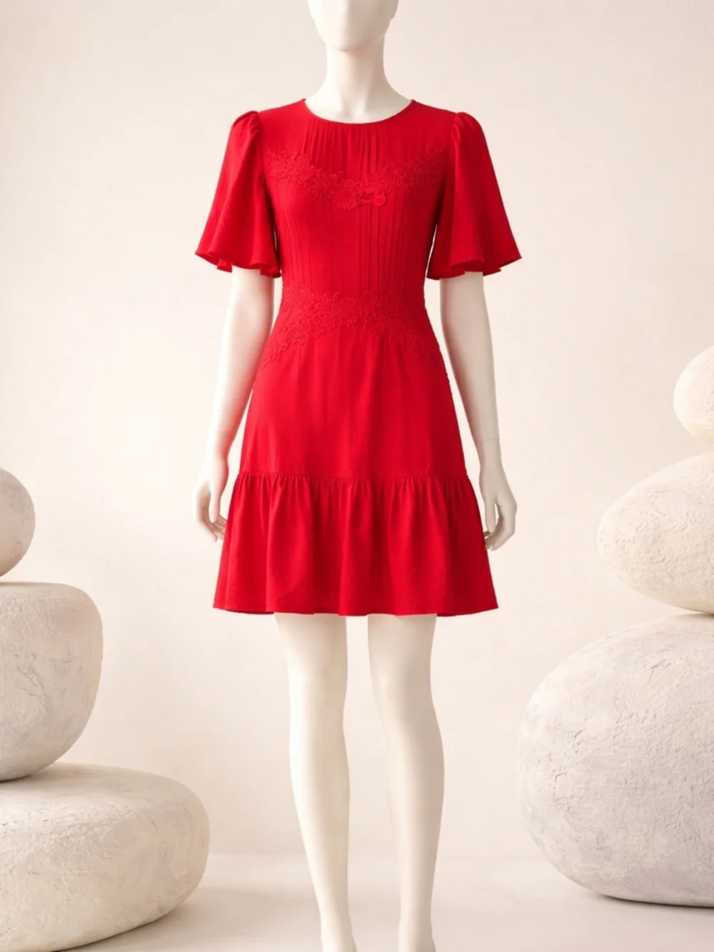 A. Calin by Flying Tomato Red Mini Dress | Lace Detail | Flowy Tiered | Medium - Picture 3 of 12
